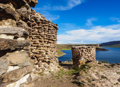 Chullpas by the Lake Umayo in Sillustani, Puno Region, Peru