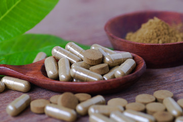 herbal drug in pill and capsule on wood table with green leaves .