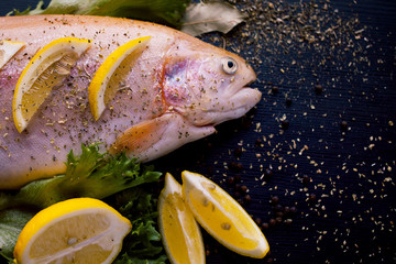 Fresh trout and ingredients to prepare fish dishes on black table