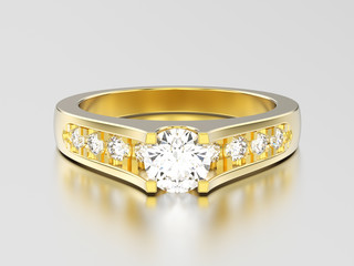 3D illustration yellow gold decorative engagement wedding diamond ring