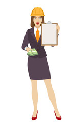 Businesswoman in construction helmet with money and clipboard