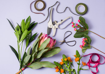 Tools and accessories florists need for making up a bouquet