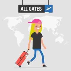 Obraz premium Smiling passenger walking by the airport with a hand luggage. Travel illustration. All gates sign. Flight. Flat vector, clip art