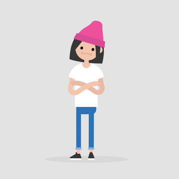 Young female doubting character standing with crossed arms and tilting head. Negative emotions. Concern. / flat editable vector illustration