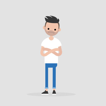 Young doubting character standing with crossed arms and tilting head. Negative emotions. Concern. / flat editable vector illustration