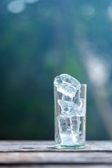 Ice in the glass and natural green background.Select focus blurred background.