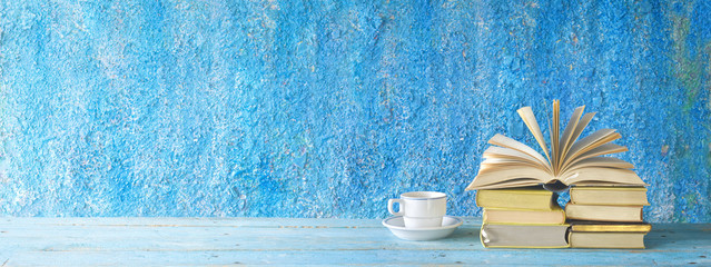 opened book, cup of coffee, panorama, good copy space