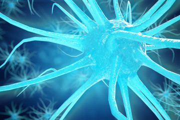 Conceptual illustration of neuron cells with glowing link knots. Synapse and Neuron cells sending electrical chemical signals. Neuron of Interconnected neurons with electrical pulses. 3D illustration