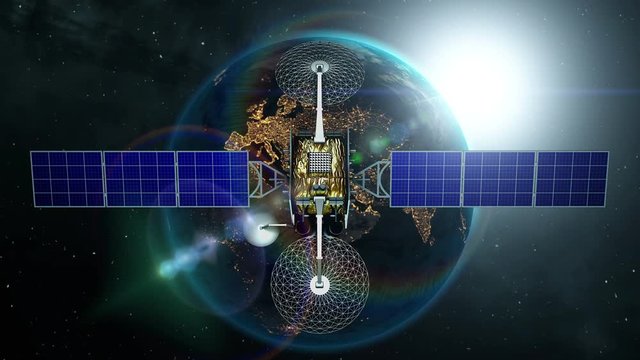 Fictional artificial satellite is approaching Earth with sunrise, 3d animation