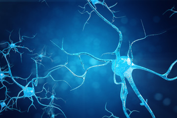 Conceptual illustration of neuron cells with glowing link knots. Synapse and Neuron cells sending electrical chemical signals. Neuron of Interconnected neurons with electrical pulses. 3D illustration