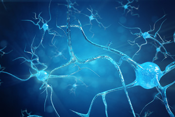 Conceptual illustration of neuron cells with glowing link knots. Synapse and Neuron cells sending electrical chemical signals. Neuron of Interconnected neurons with electrical pulses. 3D illustration