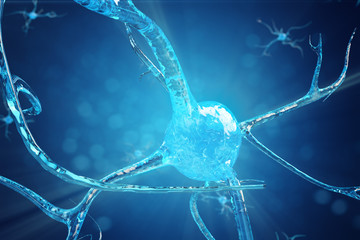 Conceptual illustration of neuron cells with glowing link knots. Synapse and Neuron cells sending electrical chemical signals. Neuron of Interconnected neurons with electrical pulses. 3D illustration