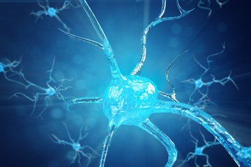Conceptual illustration of neuron cells with glowing link knots. Synapse and Neuron cells sending electrical chemical signals. Neuron of Interconnected neurons with electrical pulses. 3D illustration