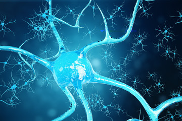 Conceptual illustration of neuron cells with glowing link knots. Synapse and Neuron cells sending electrical chemical signals. Neuron of Interconnected neurons with electrical pulses. 3D illustration