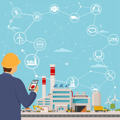 smart factory and around it icons Engineer starting a smart plant. Smart factory or industrial internet of things. vector illustration