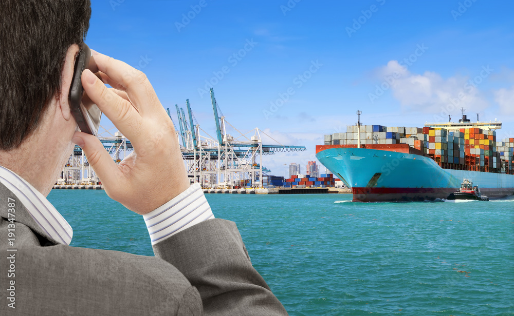 Poster businessman use smart phone for logistic business, in the background container terminal with cargo s
