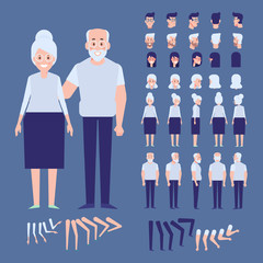  Front, side, back view animated characters. Elderly couple creation set with various views, face emotions. Cartoon style, flat vector illustration. 