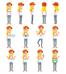 Obraz premium Vector character in flat style for design and animation. Young girl n in different poses. 
