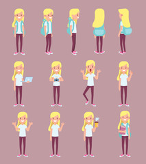 Vector character in flat style for design and animation. Young girl n in different poses. 