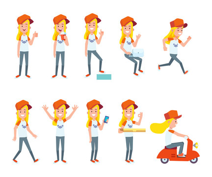 Vector character in flat style for design and animation. Young girl n in different poses. 