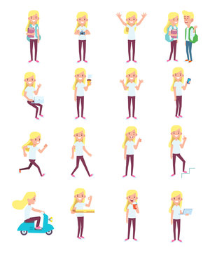Vector character in flat style for design and animation. Young girl n in different poses. 