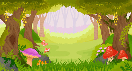 Bright cartoon fairy tale forest with copy space - obrazy, fototapety, plakaty