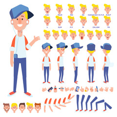 	 Front, side, back view animated character. Teenager boy character creation set with various views, hairstyles, face emotions, poses and gestures. Cartoon style, flat vector illustration. 