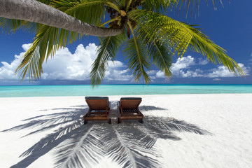 Two deck chairs under palm trees and tropical beach, The Maldives