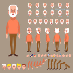 	 Front, side, back view animated character. Elderly man character creation set with various views, hairstyles, face emotions, poses and gestures. Cartoon style, flat vector illustration. 