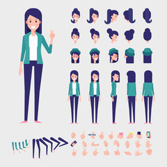 Young woman character for your scenes. Flat Vector Character creation set with various views, hairstyles and poses. Parts of body template for design work and animation.