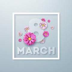 8 March. Happy Womens Day Floral Greeting card. International Holiday Illustration with Flower Design on Light Background. Vector Spring Template.