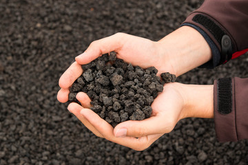 Hands holding small cold lava rocks. Etna volcano, Sicily.