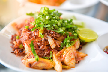 Fried rice with squid,  Thai food.
