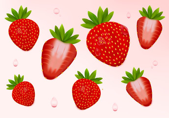 Strawberry set. Realistic fresh strawberry with leaves, fruit cut in half. Isolated on light pink background. 3d vector illustration.