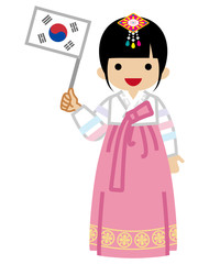 Korean Toddler Girl holding a National flag,Wearing Traditional clothing, Front view