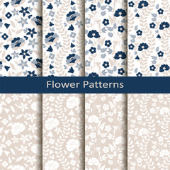 set of eight seamless vector flower hand drawn cute patterns. design for covers, textile, packaging