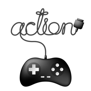 Gamepad or joypad black color and action text made from cable design illustration isolated on white background, with copy space