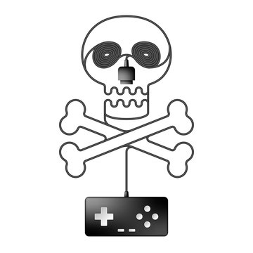 Gamepad or joypad black color, Skull and crossbones shape made from cable design illustration isolated on white background, with copy space