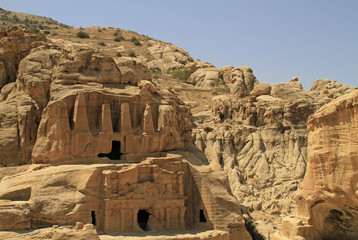 Ancient carved out buildings in Petra, Jordan