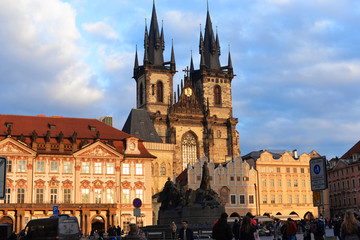 View of the Tinsky church church on the square of the main old town. (Staré Město) in the Czech Republic Prague. On the Old Town Square (Staroměstské náměstí)