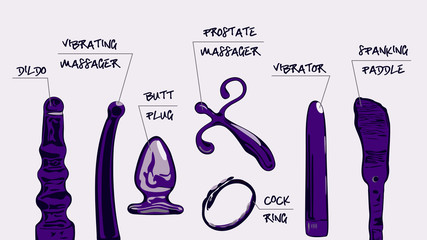 Types of sex toys with explanations. The image shows a dildo, vibrator, prostate massager, butt plug, cock ring, spanking paddle. Vector background