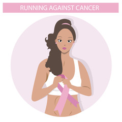 Cute Black girl running against cancer.  Flat Illustration of a Woman in vector