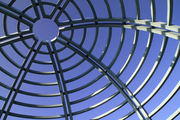 Blue sky behind metal roof frame
