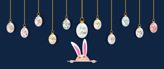 Bunte Ostereier. Frohe Ostern. Happy easter image vector. Modern happy Easter background with colorful eggs, bunny, rubbit, and spring flower. Template Easter greeting card, vector.