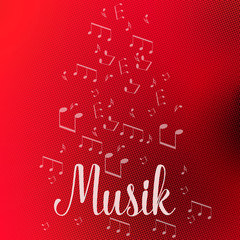 Abstrakter roter Hintergrund mit verschiedenen Musiknoten in weißer Farben und dem Wort Musik.