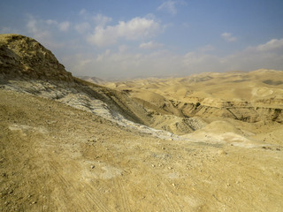Judean Desert, Israel - Panorama of the  Judean Desert. Stop going to the St. George Monastery