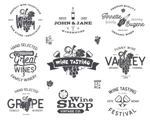 Wine logos, labels set. Winery, wine shop, vineyards badges collection. Retro Drink symbol. Typographic hand drawn design illustration. Stock vector emblems and icons isolated on white background