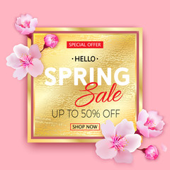 Naklejka premium Spring sale gold banner with Cherry Blossoms on pink background. Vector illustration