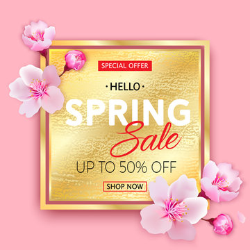 Spring sale gold banner with Cherry Blossoms on pink background. Vector illustration