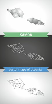 Samoa set of grey and silver mosaic 3d polygonal maps. Graphic vector triangle geometry outline shadow perspective maps